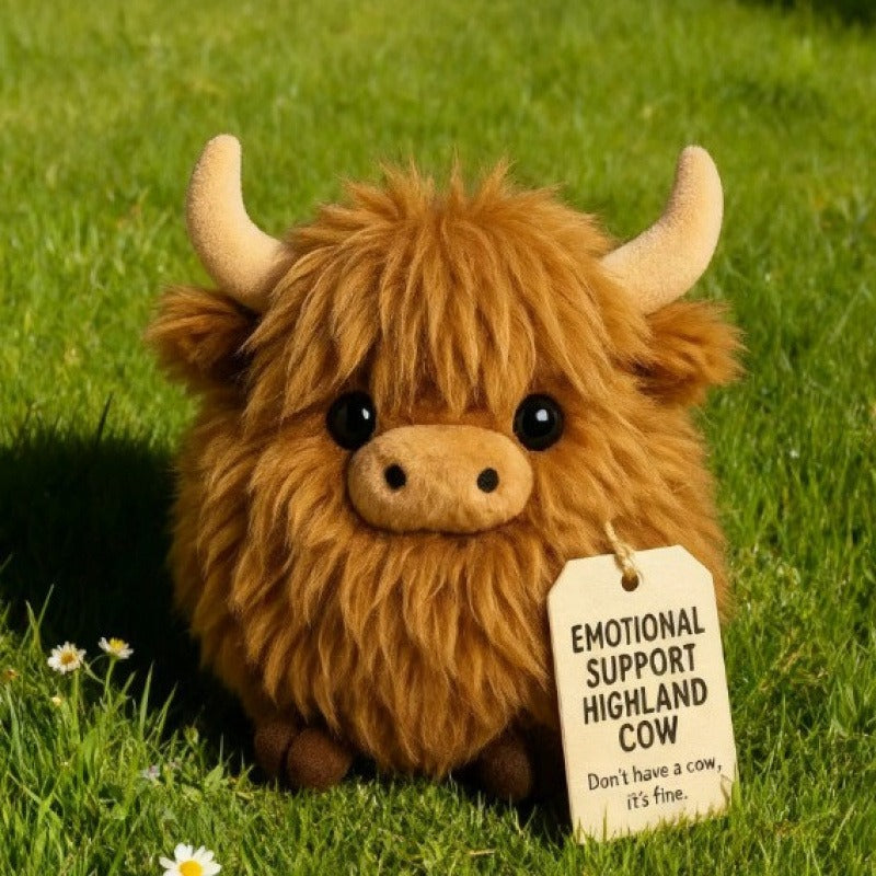 Cute Scottish Cow Plush Dog Toy – Round Fluffy Simulated Animal Chew Toy for Dogs & Cats, Soft Squeaky Companion Doll for Anxiety Relief, Chewing & Interactive Play for Puppies and Small Pets