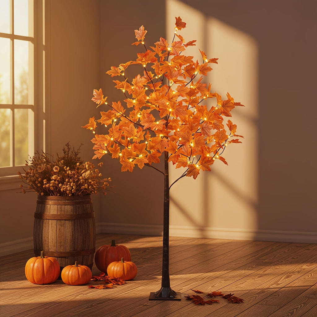 Artificial LED Lighted Fall Maple Tree – 5ft or 6ft Indoor Autumn Tree for Fall Décor, Thanksgiving, Party & Home Decoration, Warm Glowing Faux Maple – Nova Mart
