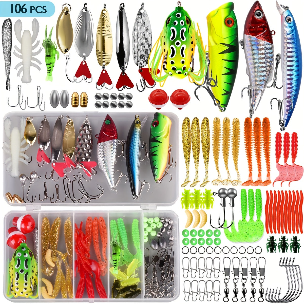 Fishing Lure Kit 78/106/188/361 Piece Freshwater Tackle Box Set, Spoon Lures, Soft Plastic Worms, Hooks & Accessories for Bass, Trout, and Salmon Fishing, Complete Beginner & Pro Fishing Gear Gift