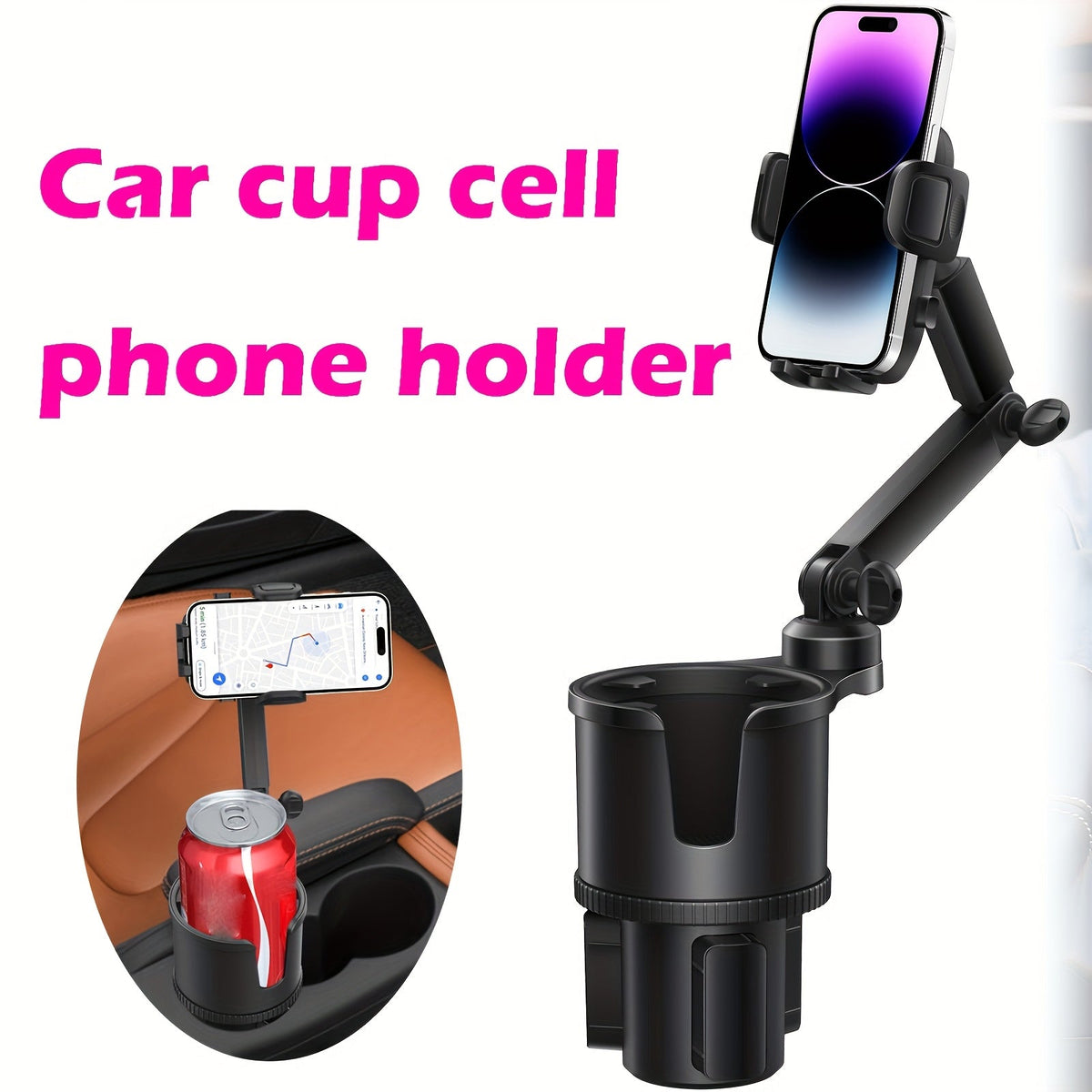 Car Phone Cup Holder Mount 2-in-1, 360° Swivel Rotation, Universal Fit for Cars, SUVs, and Trucks with Shock-Absorbing Trim - Black Extender