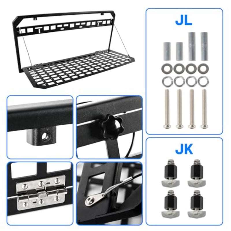 Jeep Wrangler Tailgate Table & MOLLE Panel, Foldable Cargo Rack, Aluminum Alloy, 100 lbs, Powder-Coated, No-Drill Install for JK/JKU, for Wrangler JK JKU JL JLU 4-Door 2007-2025, 24-Month Warranty