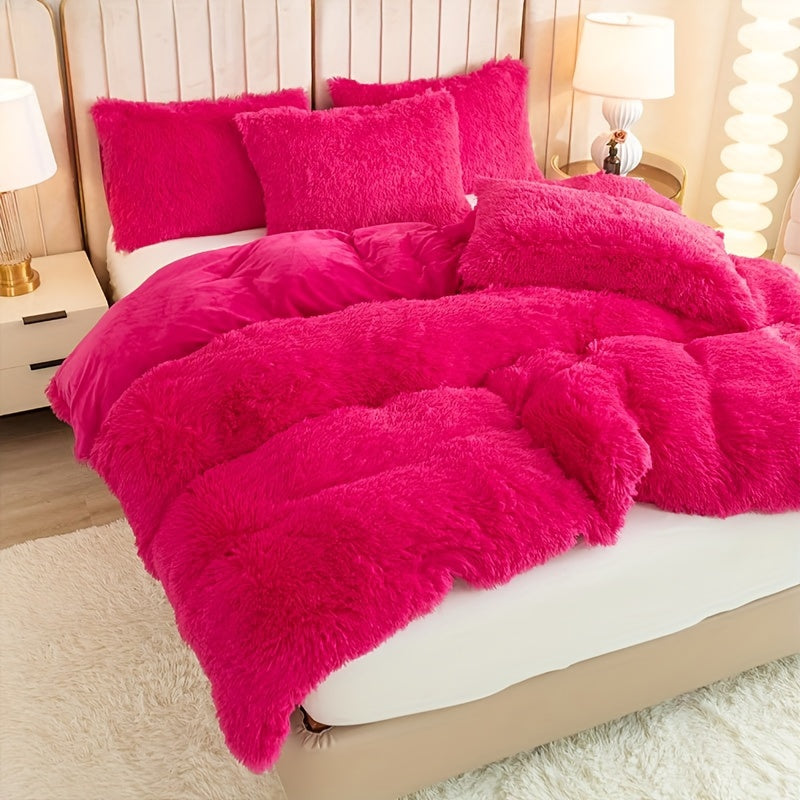 Plush Duvet Cover Set 3 Piece, Long Hair Knitted Polyester, Solid Color Fuzzy Comforter Cover with Zipper Closure, All-Season Soft Cozy Bedding Set for Bedroom, Multiple Colors Available