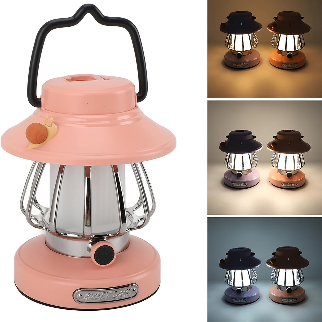 Rechargeable LED Camping Lantern, 3-Tone Dimmable Snail Design, Dual-Powered by USB & 18650 Battery, Freestanding Portable Light for Camping, Hiking, Emergencies, Home, and Office, Available in Green, White, Pink, and Purple