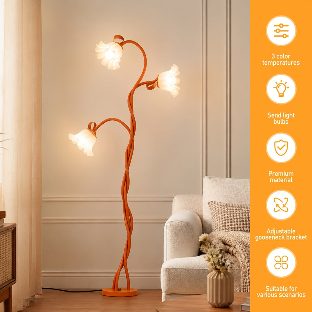 Modern Art Flower Floor Lamp – Flexible Arm LED Corner Lamp with 3 Color Temperatures & 3 Bulbs for Bedroom Living Room Study Hotel Decor