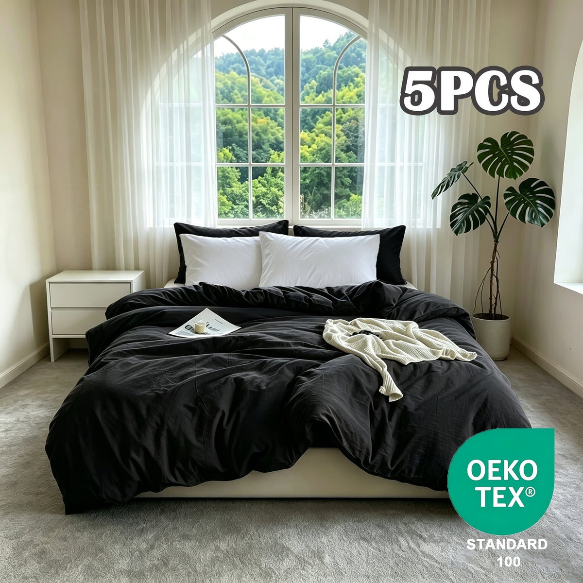 Washed Microfiber Duvet Cover Set 5-Piece, 1 Duvet Cover + 4 Pillowcases, Zipper Closure & Corner Ties, Soft Breathable Bedding Set for Home School Guest Room, No Insert, Multiple Sizes & Colors