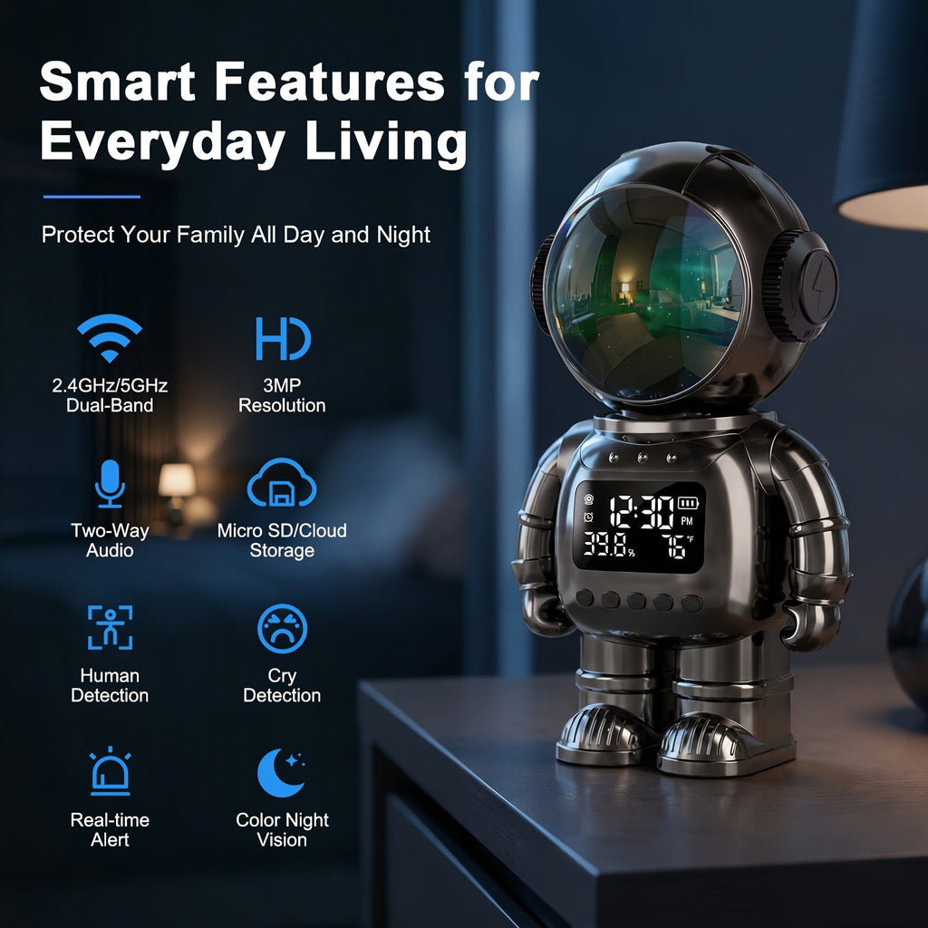 3MP WiFi Robotic Security Camera 360° Auto Tracking Night Vision Two-Way Audio Motion Alert USB Powered App Control for Pet Baby & Home Monitor – AI Silvery Astronaut