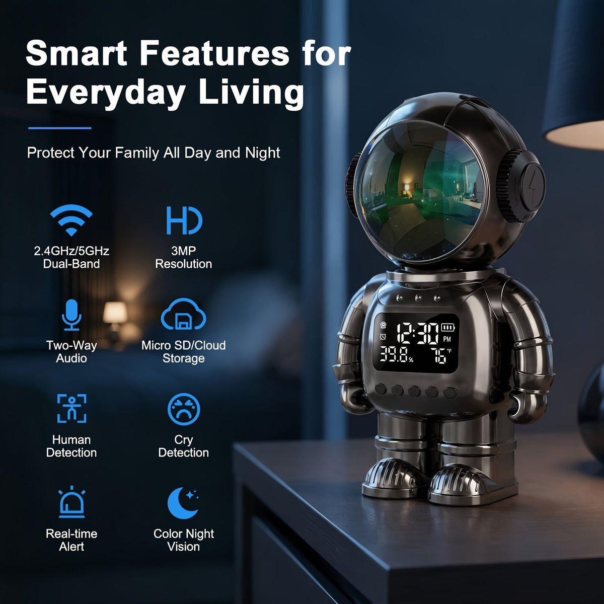3MP WiFi Robotic Security Camera 360° Auto Tracking Night Vision Two-Way Audio Motion Alert USB Powered App Control for Pet Baby & Home Monitor – AI Silvery Astronaut
