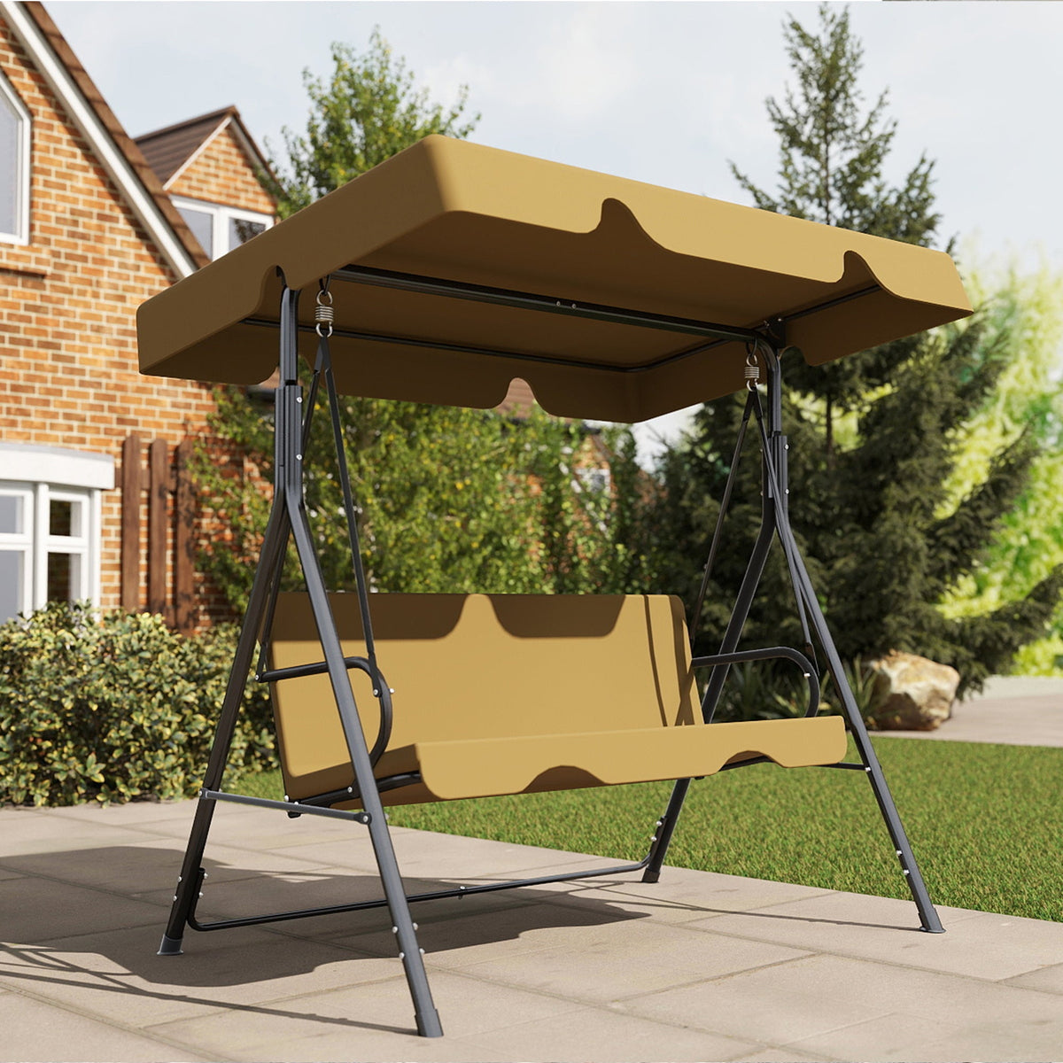 All-Weather Porch Glider Swing with UV-Treated Canopy & Rust-Proof 2-Step Powder-Coated Steel Frame – Quiet Smooth Gliding Outdoor Swing for Patio, Garden & Backyard, Black Beige Brown – Nova Mart