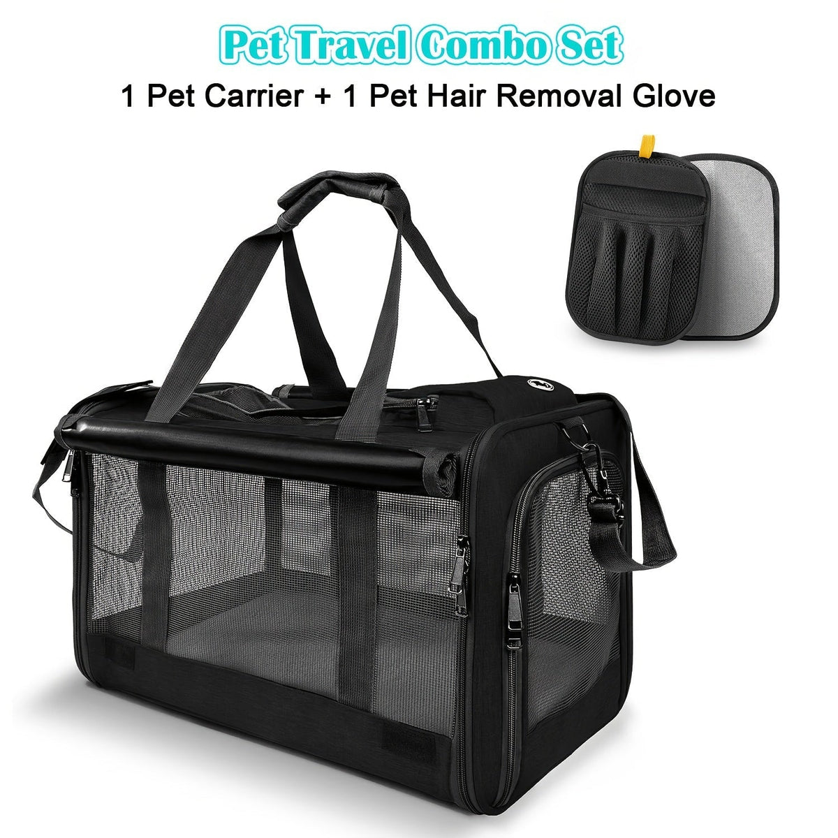 Airline Approved Pet Carrier Soft Sided – Breathable Collapsible Travel Bag for Cats & Small Dogs with Accessories Bundle Collar Bowls or Pet Glove 10 Colors Pink Blue Black Gray Navy Green Orange