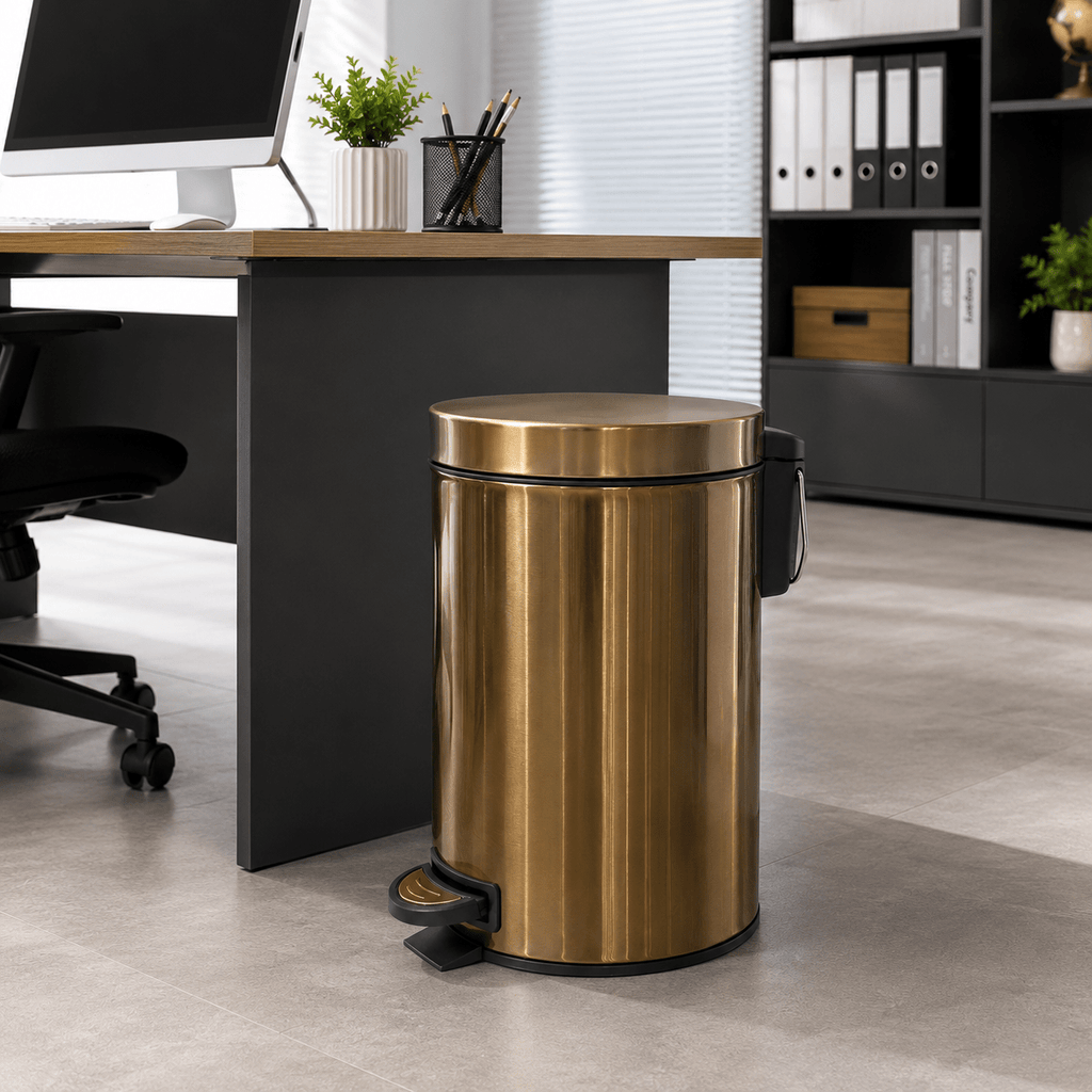 2-Pack 5L Stainless Steel Small Round Pedal Trash Can – Soft Close Lid Foot Pedal & Inner Bucket for Bathroom Kitchen Bedroom Office & Living Room in Gold
