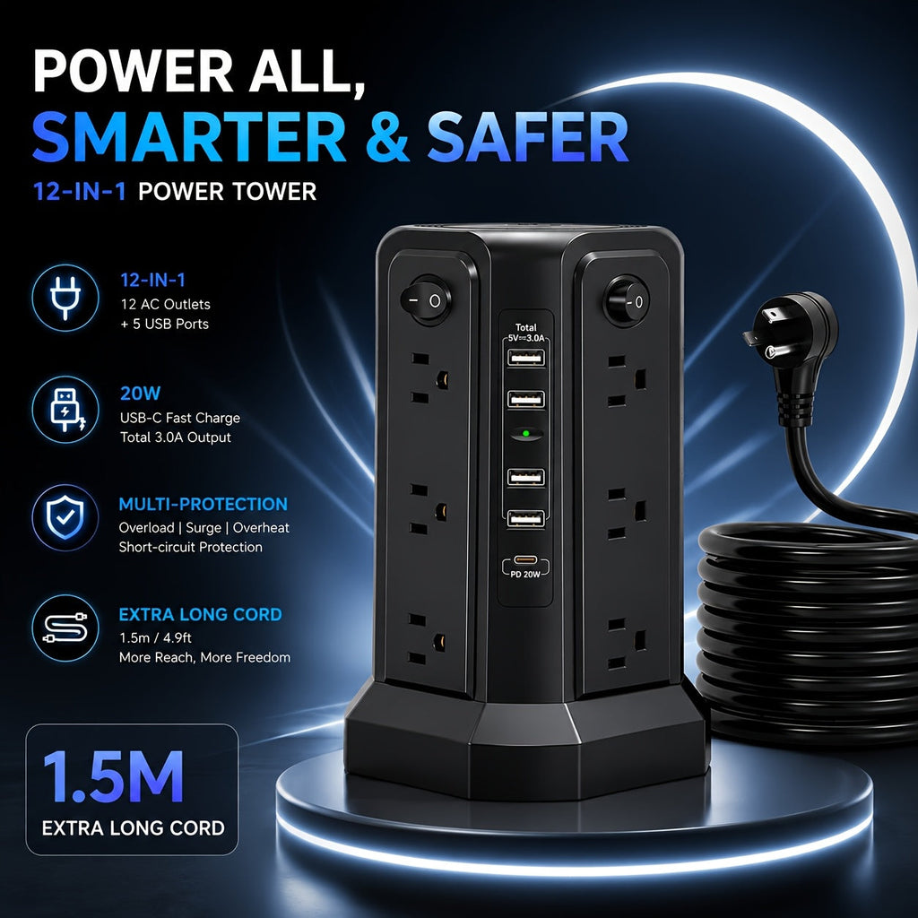 Power Strip Tower, 16 AC Outlets, 5 USB Ports, USB-C PD 20W, 1500J Surge Protector, Flat Plug Desktop Extension Cord