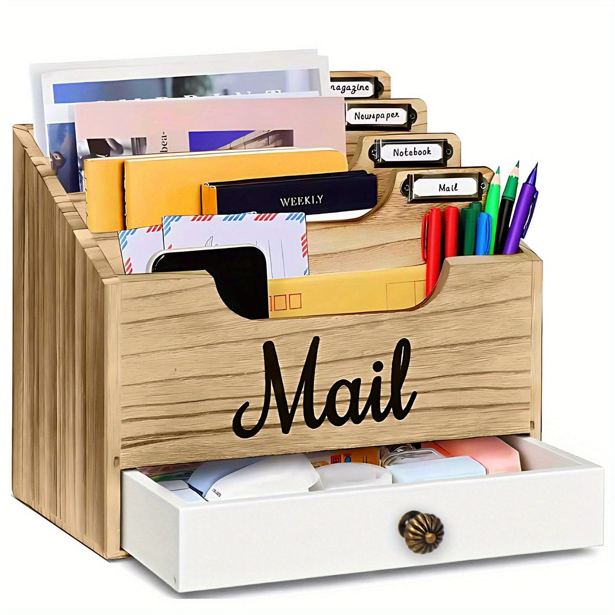 Large Solid Wood Desktop Mail Organizer with Drawer and 4 Compartments, Labelable Dividers for Files, Letters, and Paper Folders, Desk Organizer for Home Office, Students, and Professionals
