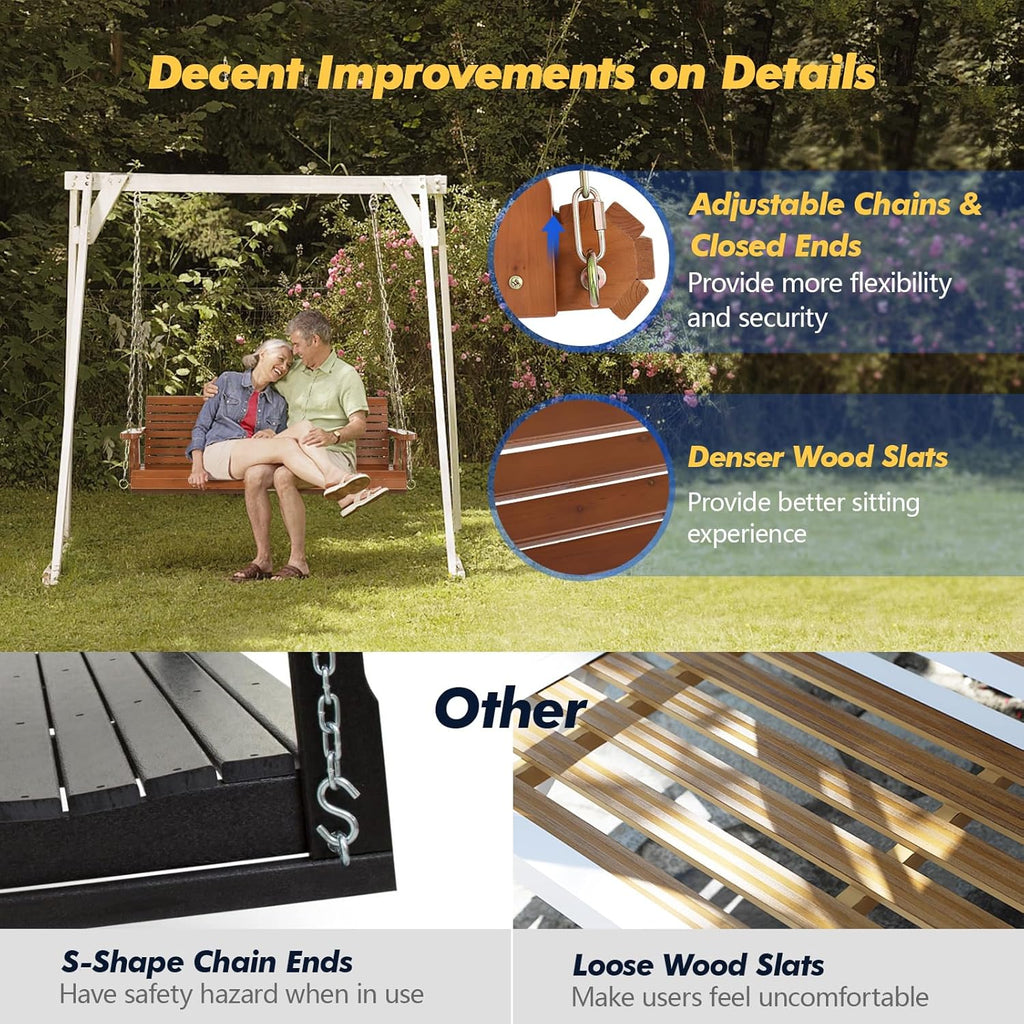 Wooden Porch Swing 880LBS Heavy Duty Ergonomic Curved Seat Adjustable Chains Well-Coated Surface for Patio Garden Courtyard Outdoor Hanging Bench 4FT 5FT Brown Natural