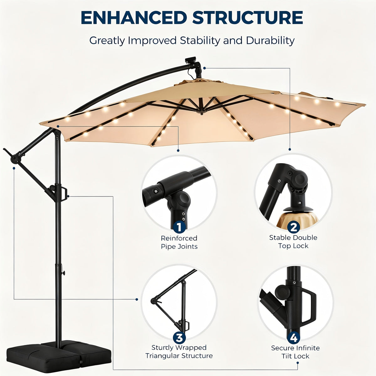 10ft Solar LED Offset Cantilever Patio Umbrella with Base, UPF50+ UV Protection, 32 LED Lights, 8-Rib Steel Frame, Easy Tilt & Crank, Wind-Resistant, for Garden Deck Backyard Pool