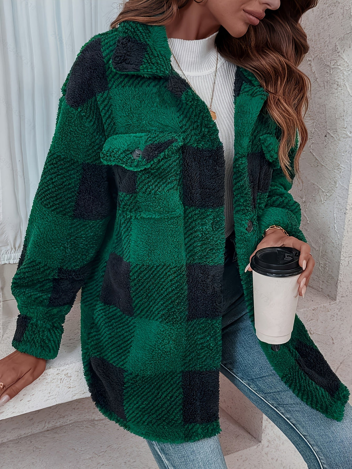 Women's Plush Winter Jacket, Soft Suede PU Fabric Plaid Pattern Coat, Fall Winter Warm Outerwear, Khaki, Black, Green, Pink, Yellow, Gray, S, M, L, XL, XXL