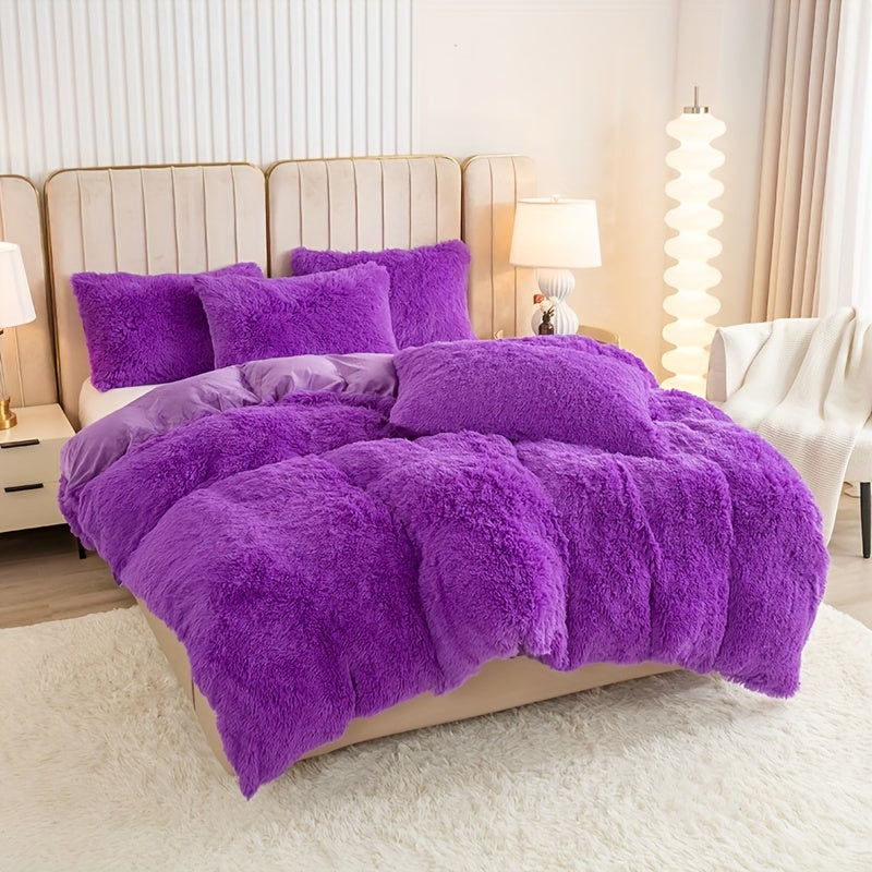 Plush Duvet Cover Set 3 Piece, Long Hair Knitted Polyester, Solid Color Fuzzy Comforter Cover with Zipper Closure, All-Season Soft Cozy Bedding Set for Bedroom, Multiple Colors Available