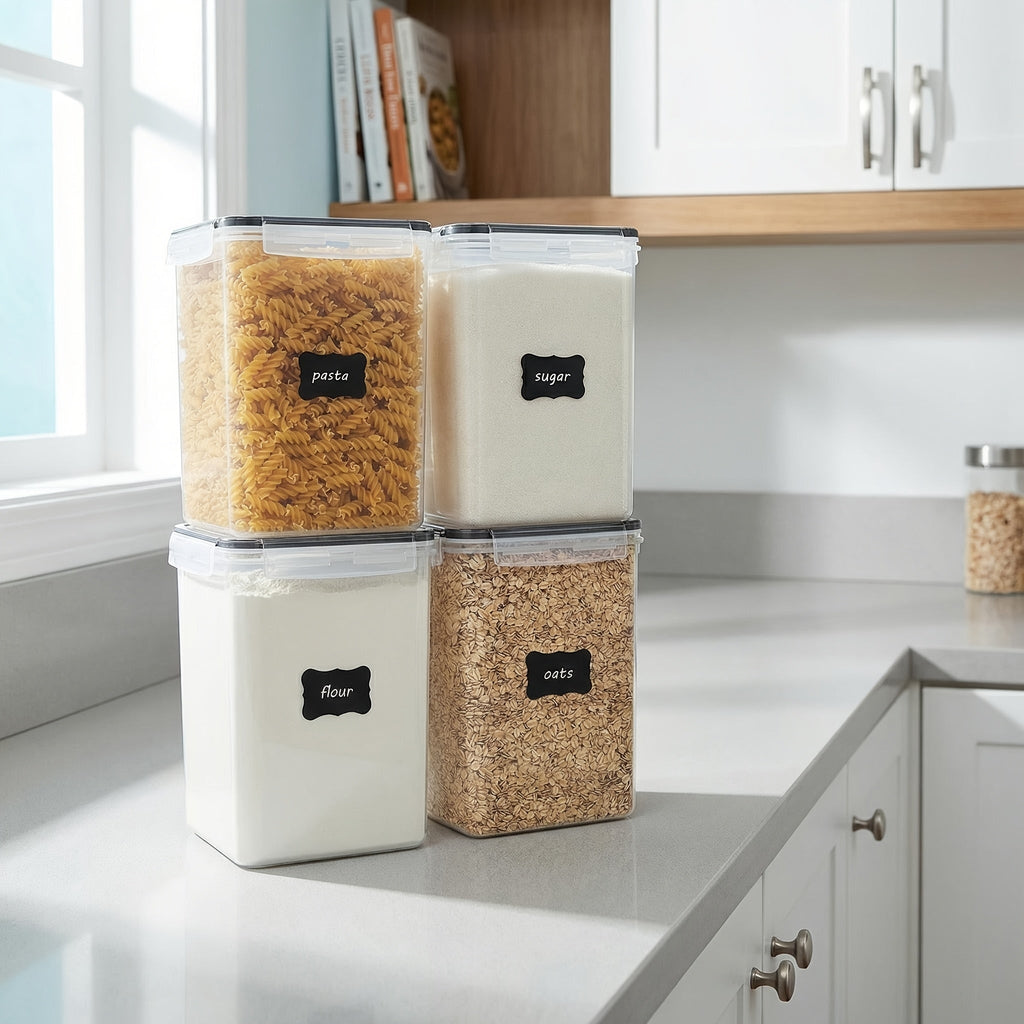 4-Pack Large Airtight Food Storage Containers, BPA-Free Plastic Canisters for Flour, Sugar, Rice, Pasta, and Baking Supplies with Lids, 4 Measuring Cups, and 24 Labels, Black Kitchen Pantry Organizer Set