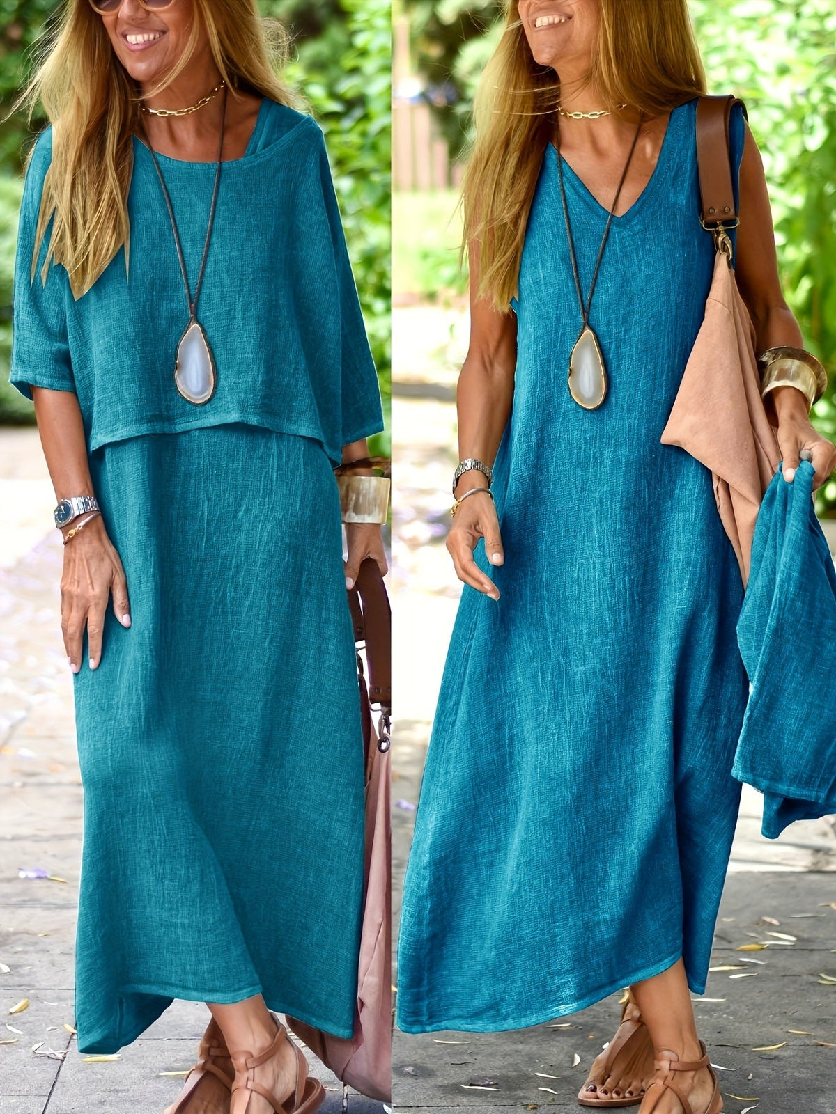 Women's Two-Piece Casual Loose Top and Sleeveless Maxi Dress Summer Boho Outfit Black Khaki Sky Blue Slate Grey S M L XL XXL