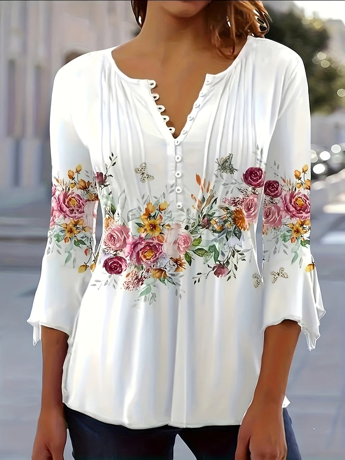 Floral Print Button Front Blouse Women's Notched V-Neck Spring Summer Top 95% Polyester Vintage Casual Shirt S-XXL