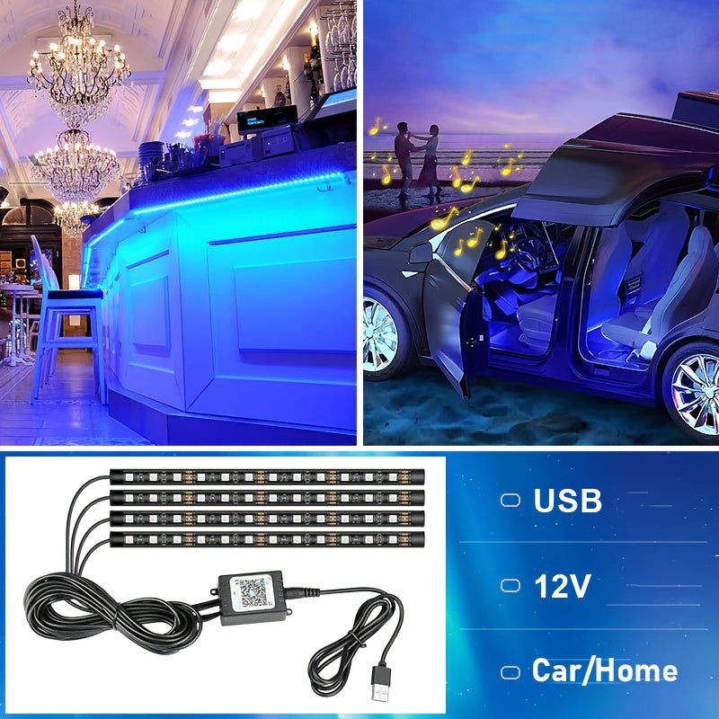 Music Sync LED Car Interior Lights – 4pcs USB Powered RGB Underfoot Ambient Lighting Kit with App & Remote Control, Colorful Atmosphere Lights for Car, Truck, SUV, No Battery Required