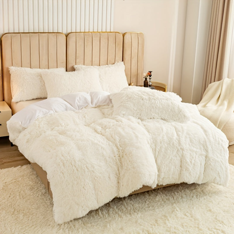 Plush Duvet Cover Set 3 Piece, Long Hair Knitted Polyester, Solid Color Fuzzy Comforter Cover with Zipper Closure, All-Season Soft Cozy Bedding Set for Bedroom, Multiple Colors Available