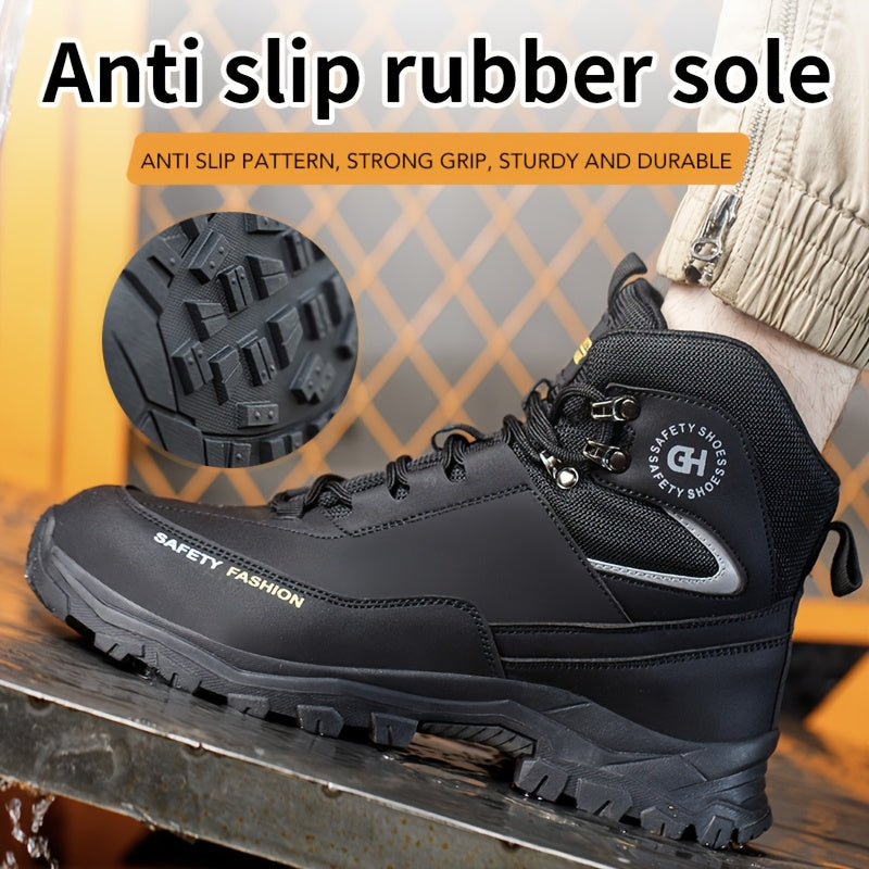 Men's Steel Toe Work Boots, Heavy Duty, All-Terrain Rubber Sole, Cushioned Insole, Arch Support, Four-Season Construction, Industrial, Farm, and Outdoor Boots, Black/Army Green, US Sizes 6-11