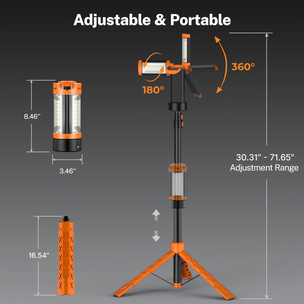 Rechargeable 10000mAh LED Work Light & Camping Light with Stand 6FT Tripod 3 Adjustable Heads 2200 Lumens 5 Color Modes Power Bank Emergency Flashlight – Orange Black