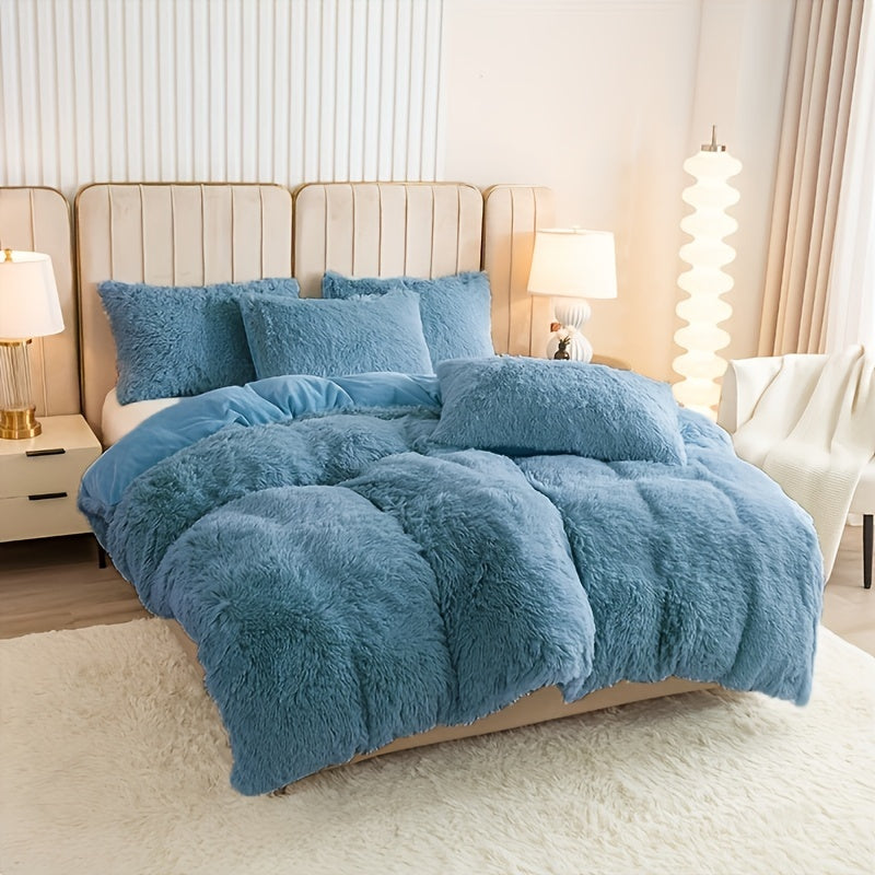 Plush Duvet Cover Set 3 Piece, Long Hair Knitted Polyester, Solid Color Fuzzy Comforter Cover with Zipper Closure, All-Season Soft Cozy Bedding Set for Bedroom, Multiple Colors Available