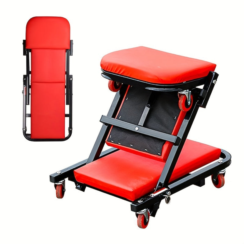 Foldable 2-in-1 Mechanic Creeper & Rolling Seat 300LB | 36-Inch Z-Crawler with 6 Swivel Casters, Adjustable Headrest, Folding Car Repair Creeper for Garage Workshop – Black & Red