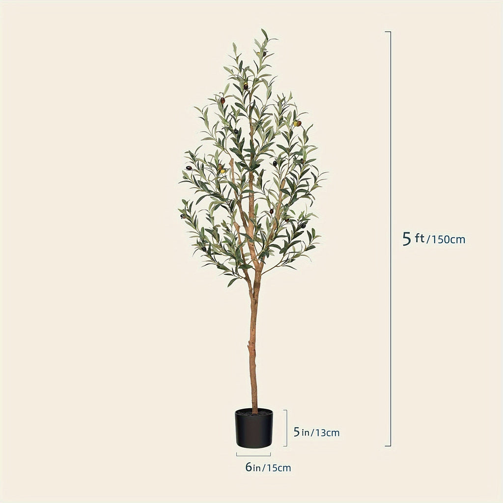 Artificial Olive Tree - Faux Silk Plant with Natural Wood Trunk & Lifelike Fruits, Shapeable Branches, Black Pot Included - Home, Office & Holiday Decor - 4ft, 5ft, 6ft & 7ft