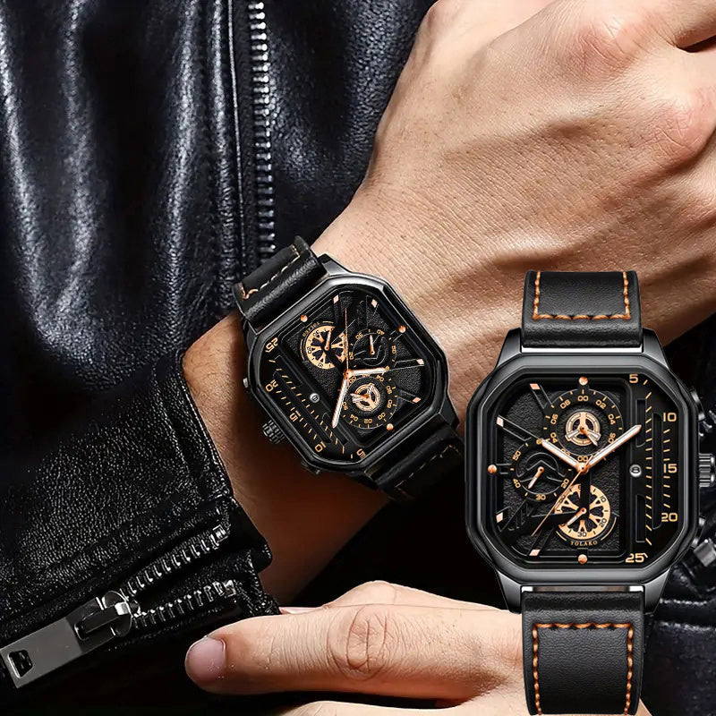 2pcs Men's Watch Set: Sports Triangle Dial Silicone Strap and Retro Square Dial Quartz Watch with Date Display, Casual Dress Watches for Valentine's Day or Father's Day Gift