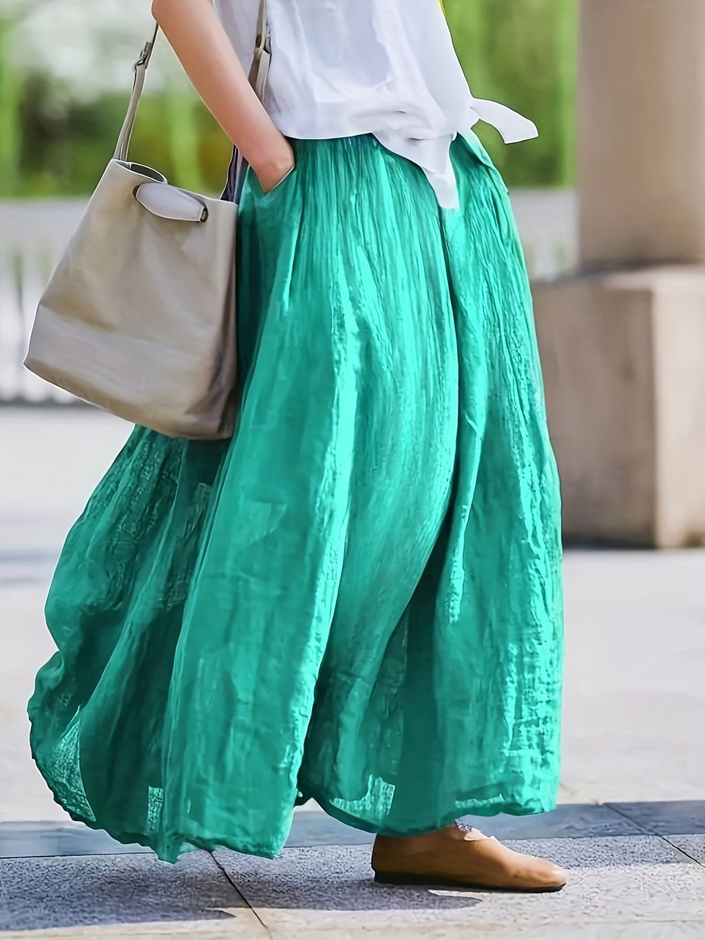 Women's Solid Color Retro Midi Skirt with Pockets, Flared Hem, Loose Fit, Breathable, 100% Polyester, Spring, Summer, Fall, Purple, Burgundy, Grey, Blue, Maroon, Brown, Green, S, M, L, XL, XXL
