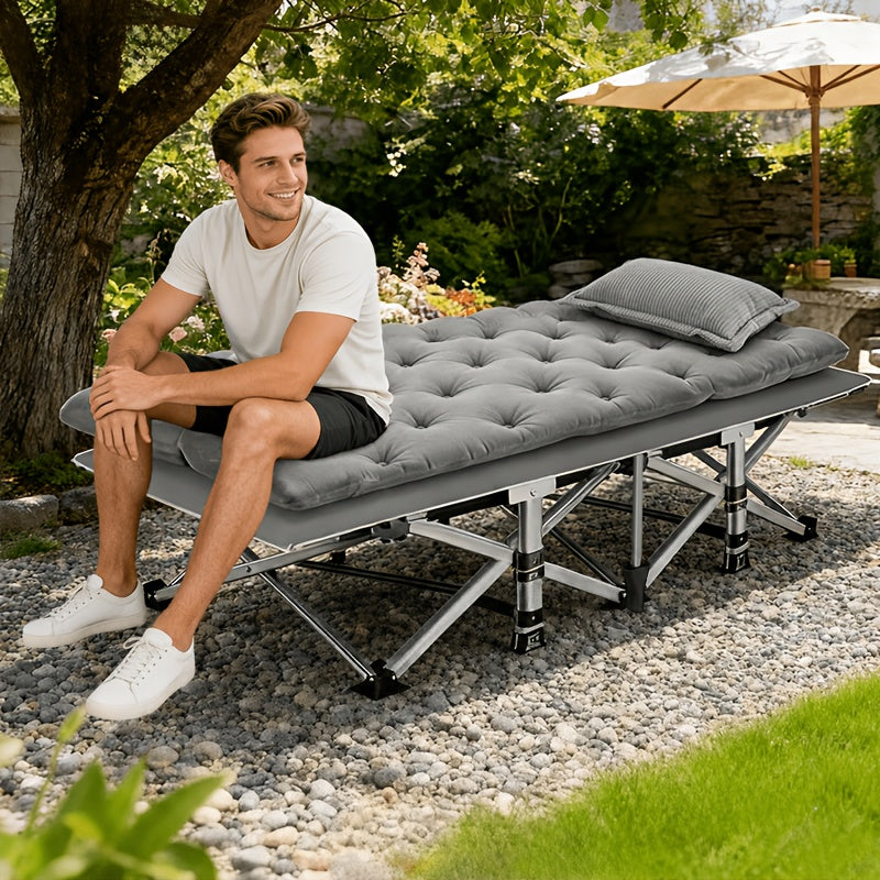 Folding Camping Bed with Mattress & Side Pockets – Heavy Duty Portable Cot for Adults, Foldable Guest Bed for Camping, Outdoor, Courtyard, Terrace, Office, and Guest Room