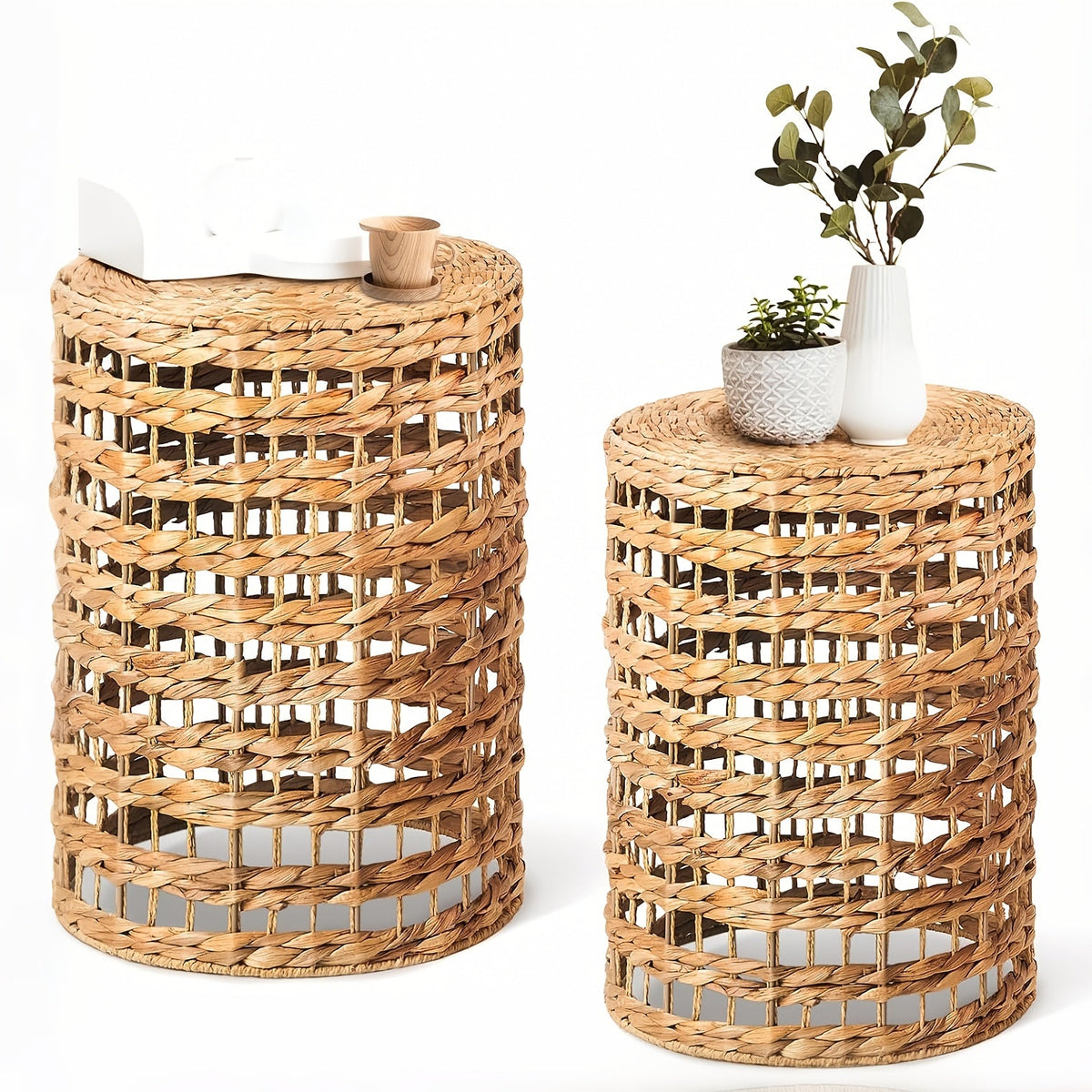 Handwoven Water Hyacinth Outdoor Side Tables Set of 2 Round Patio End Tables for Garden Backyard Porch & Indoor Plant Stands – Natural Seagrass Weave, High & Low Styles, Pro Option Available