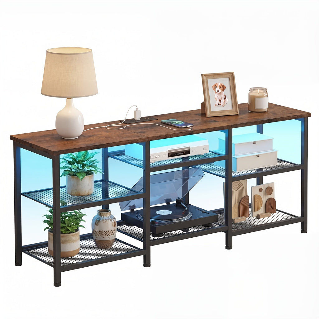 TV Stand with LED Lights for 32–55 Inch TVs – Industrial Entertainment Center Open Shelves Fabric Drawer Wood & Metal Media Console for Living Room Bedroom in Brown & Black