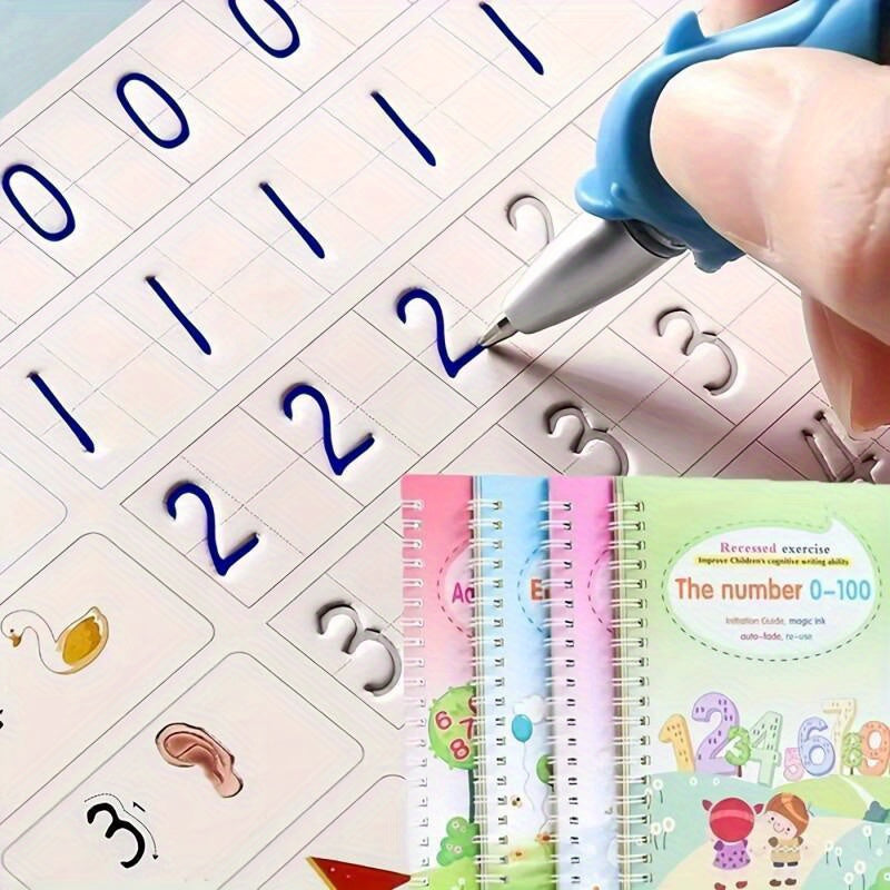 Magic Reusable Calligraphy Handwriting Exercise Books 4-Pack with Pen and 8 Refills, Kids Writing Practice Tracing Books, Reusable Water Writing Set, Christmas Gift for Children