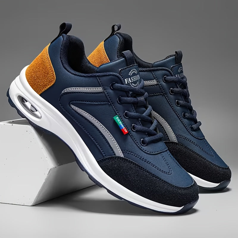 Men's Fashion Lace-Up Sneakers – Non-Slip Soft Sole Casual Running Shoes, PU Upper, Comfortable Lining, Lightweight for Outdoor Sports, Walking & Everyday Wear – Available in Blue, Black & White