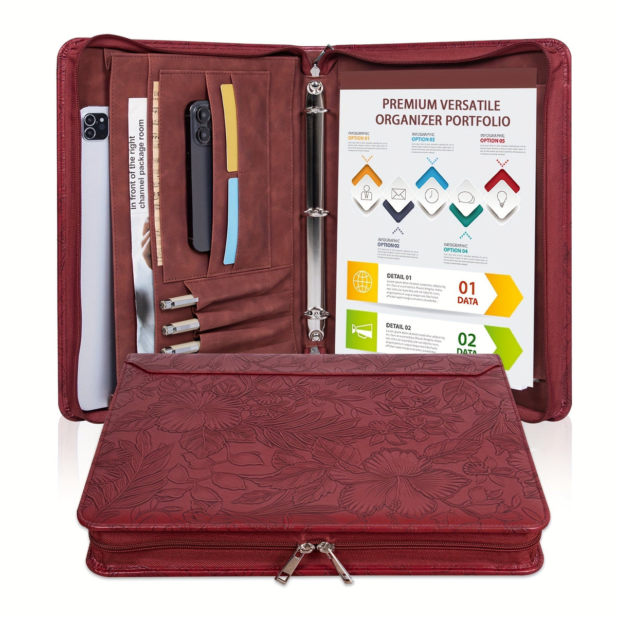 Vegan Leather Portfolio Binder, 3-Ring Zippered A4 Legal Document Organizer with Laptop Pocket for Women and Men