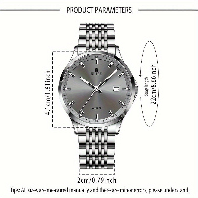 RUIGE Men's Luxury Quartz Watch Stainless Steel with Calendar, Luminous, and Rhinestone Accents - Sports Business Dress Watch for Men, Gift for Him