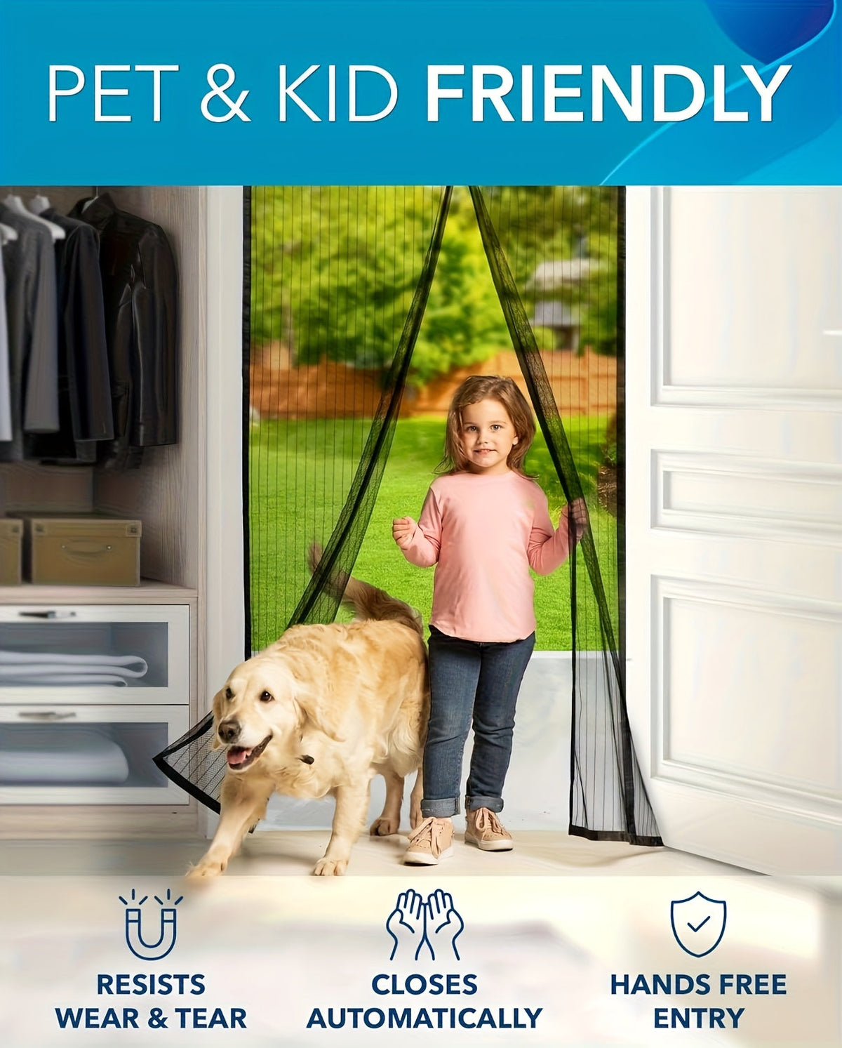 Magnetic Screen Door Hands-Free Auto-Close – Heavy Duty Mesh Curtain with Full-Frame Velcro, Bug & Insect Proof, Pet & Kid Friendly for Front Door, Kitchen, Balcony & Bedroom
