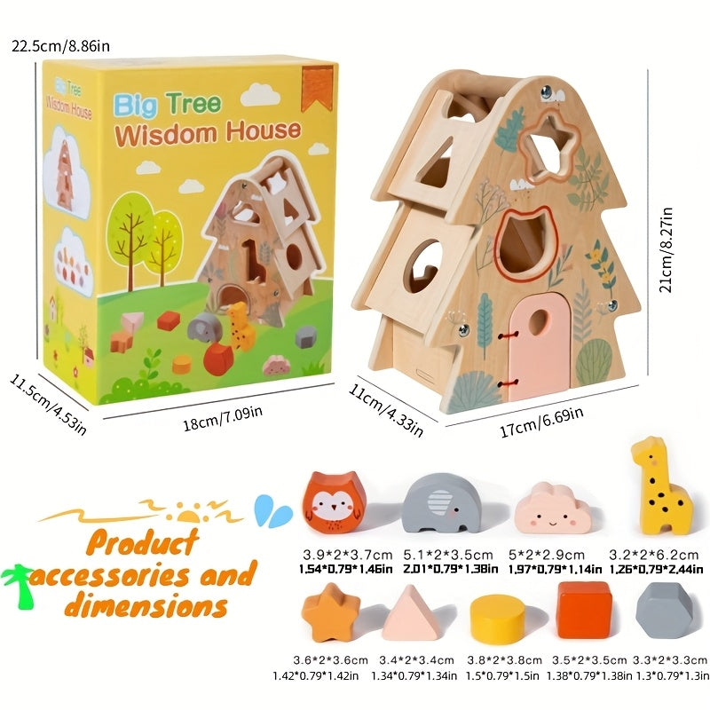 Wooden Big Tree Wisdom House Shape Matching Puzzle Toy, Creativity & Spatial Perception Development, Hand-Eye Coordination & Fine Motor Training for Babies & Toddlers, Holiday Gift