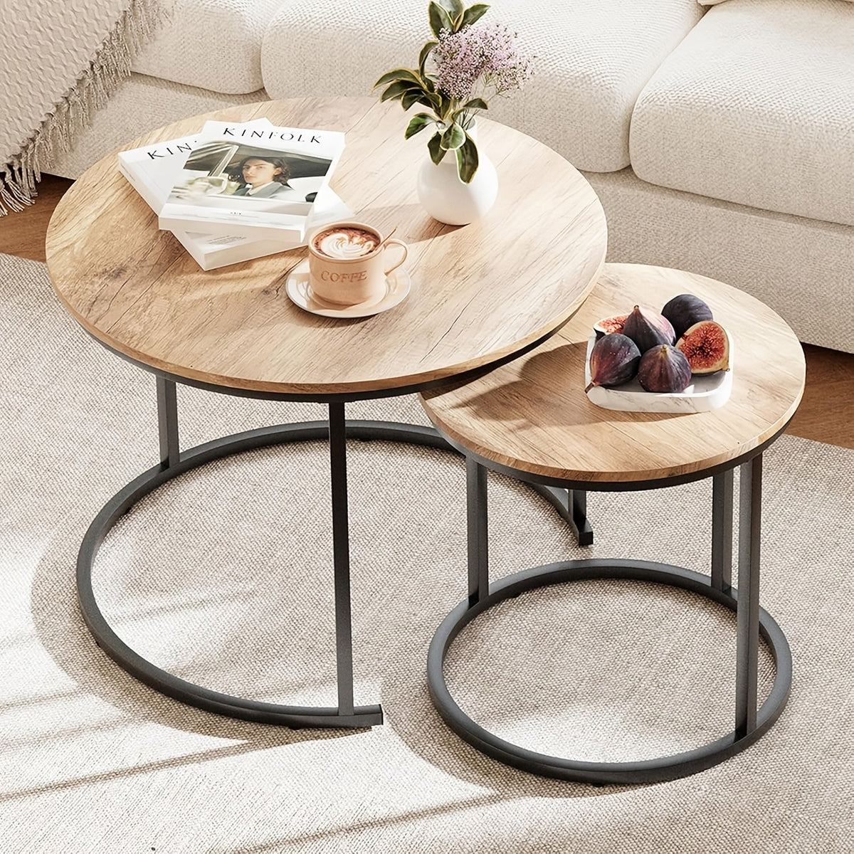Round Nesting Side Table Set of 2 – Faux Marble & Wood Top with Metal Frame Modern Accent Tables for Living Room Bedroom in 6 Color Options