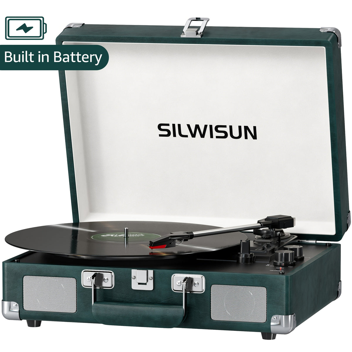 Portable Suitcase Vinyl Record Player – 3-Speed Turntable with Built-In Battery Wireless Speakers Headphone Jack AUX & RCA in Pink Green Brown
