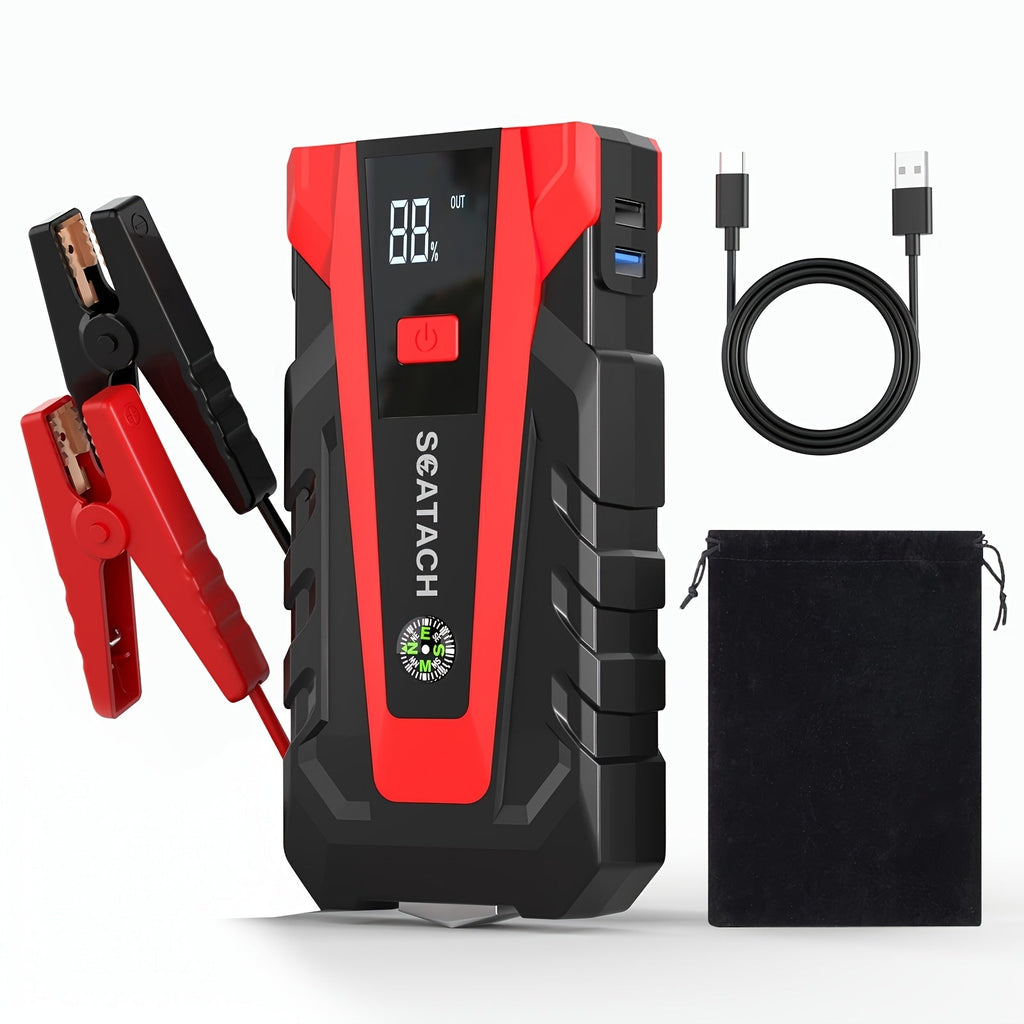 Car Jump Starter with Air Pump & Digital Tire Pressure Gauge – 12V Portable Emergency Starter for Cars, Trucks, SUVs, RVs & Motorcycles, LED Display, SOS Light & Window Breaker