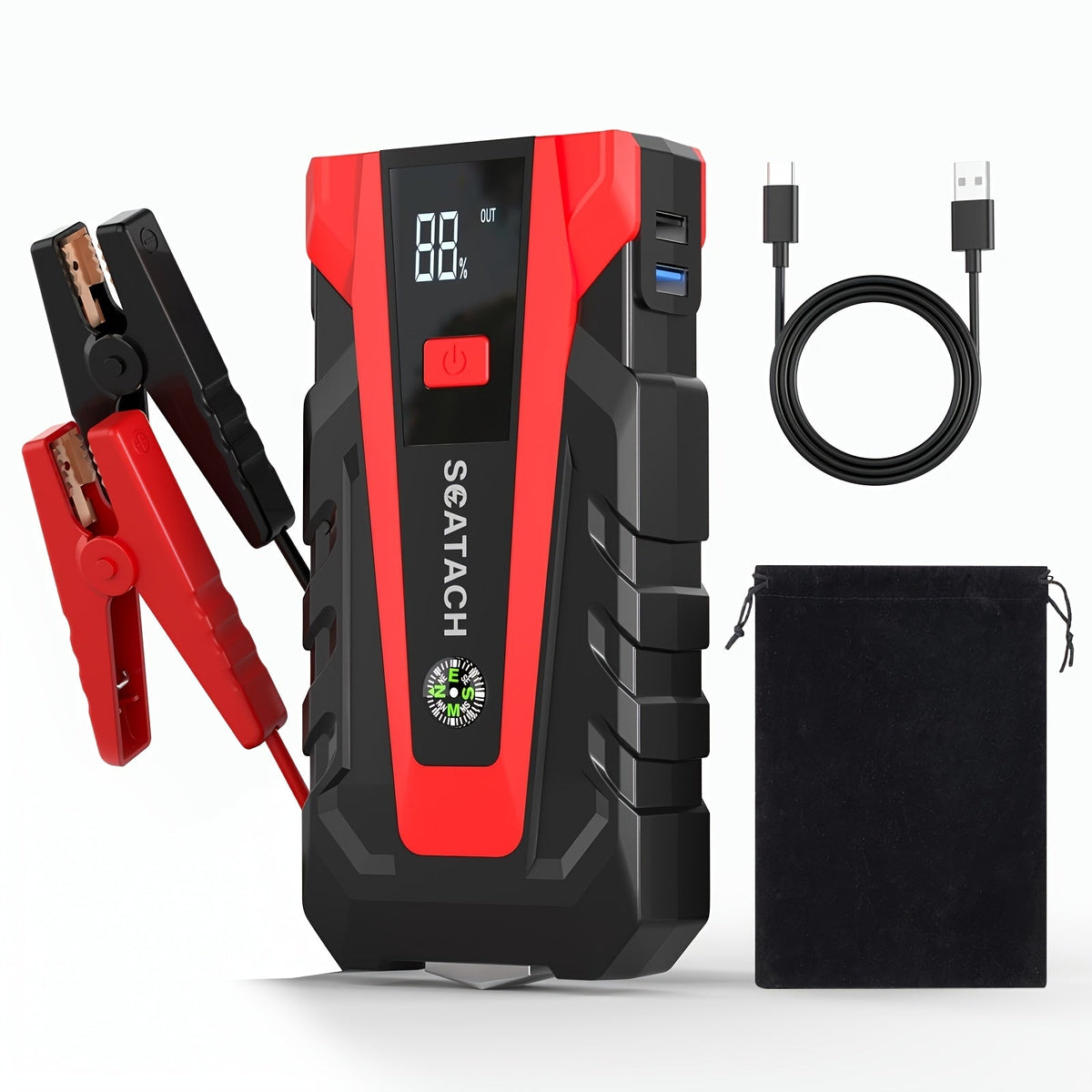 Car Jump Starter with Air Pump & Digital Tire Pressure Gauge – 12V Portable Emergency Starter for Cars, Trucks, SUVs, RVs & Motorcycles, LED Display, SOS Light & Window Breaker