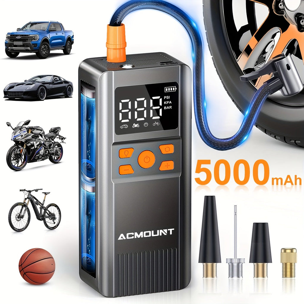 Portable Tire Inflator Air Compressor 150PSI Cordless – 2X Faster Inflation, Digital Pressure Gauge, LED Light for Cars, Bikes, Motorcycles, and Balls, Rechargeable Auto Air Pump