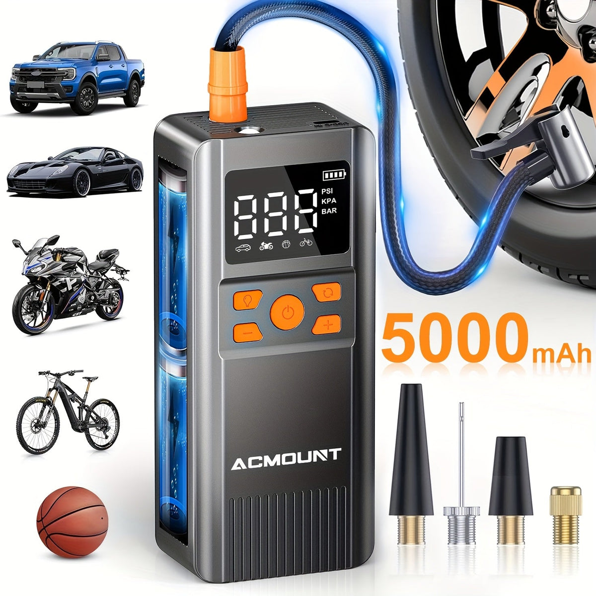 Portable Tire Inflator Air Compressor 150PSI Cordless – 2X Faster Inflation, Digital Pressure Gauge, LED Light for Cars, Bikes, Motorcycles, and Balls, Rechargeable Auto Air Pump