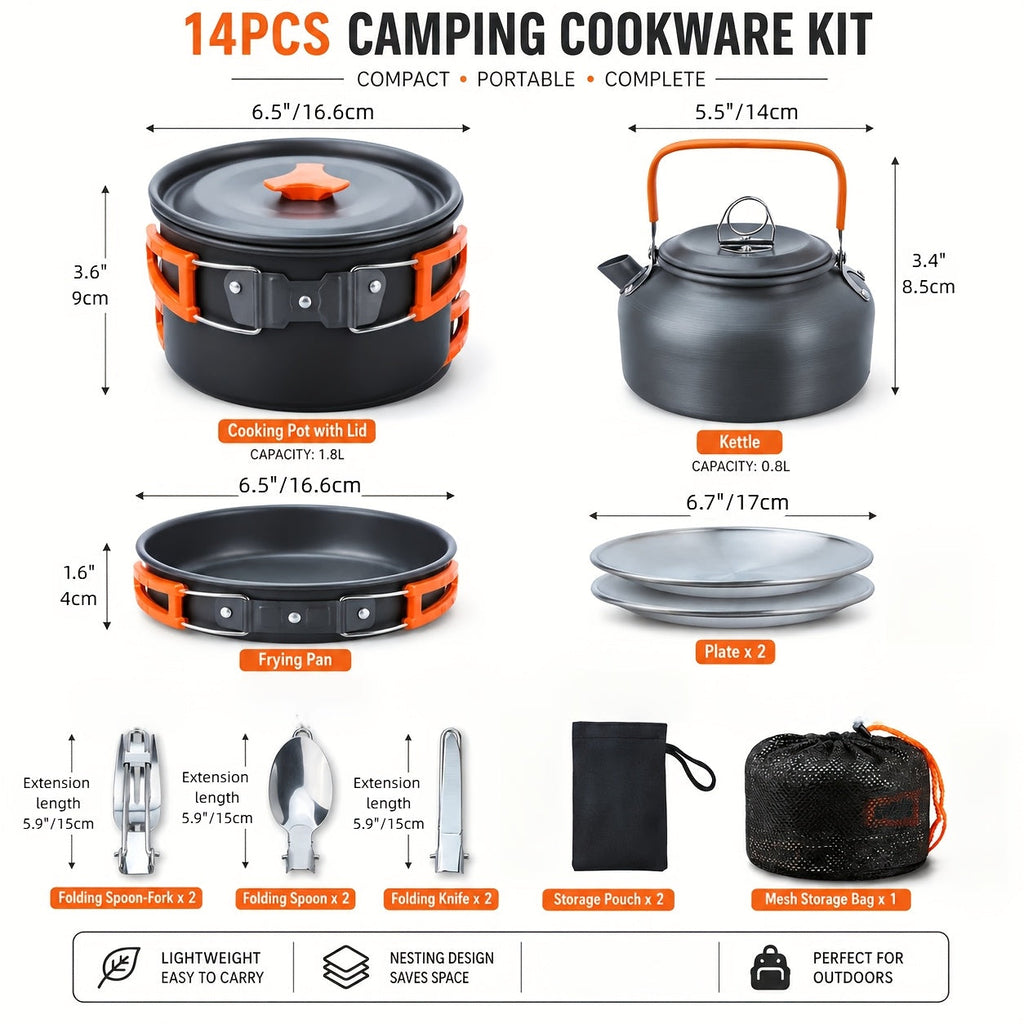 Camping Cookware Mess Kit 8/9/14/15 Piece, Portable Non-Stick Aluminum Alloy Camp Cook Set with Kettle, Pot, Frying Pan, Plates, and Utensils, Lightweight Backpacking Outdoor Cooking Gear for Hiking & Travel