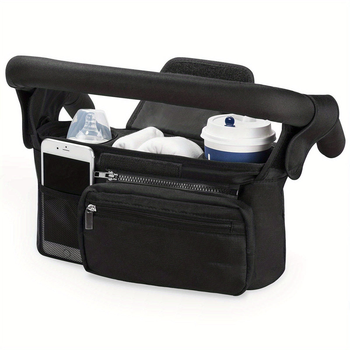 Universal Stroller Organizer with Insulated Cup Holder Detachable Phone Pouch Shoulder Strap Plaid Pattern – Fits UPPAbaby Britax BOB Umbrella Pet Strollers Black