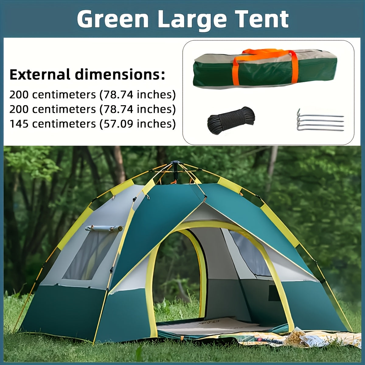 4-Person Pop-Up Camping Tent, Instant Setup with UV Protection, Insect Netting & Sunshade, Automatic Family Tent in Dark Green for Beach, Park, Camping, Hiking, and Outdoor Adventures, Featuring Sturdy Zippers & Support Poles